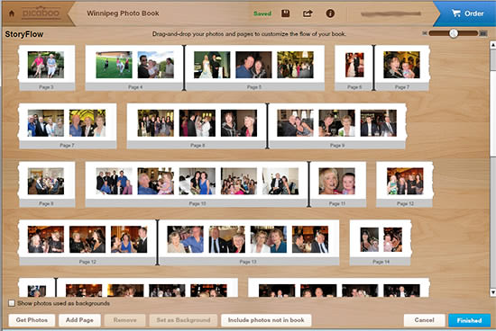 Picaboo has a story flow so you can rearrange your photosas you like and then images will be automatically added to pages