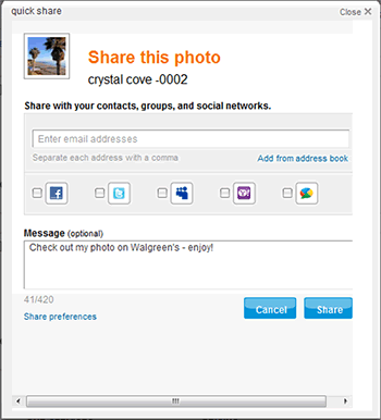 walgreens Photo Center offers sharing on social media as well as via email or link.